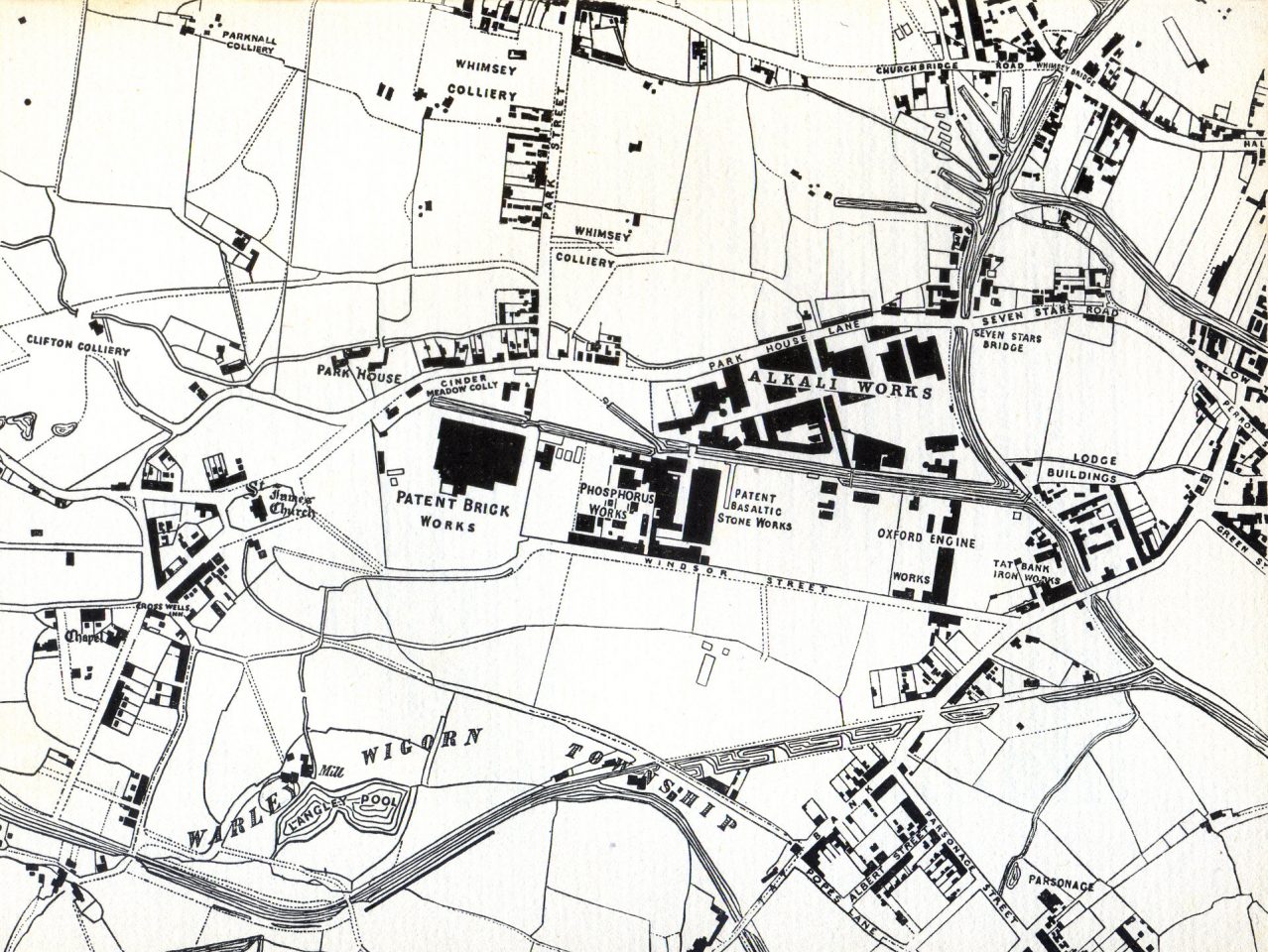 Map of Oldbury, 1857, showing the alkali works of Chance and Hunt. 